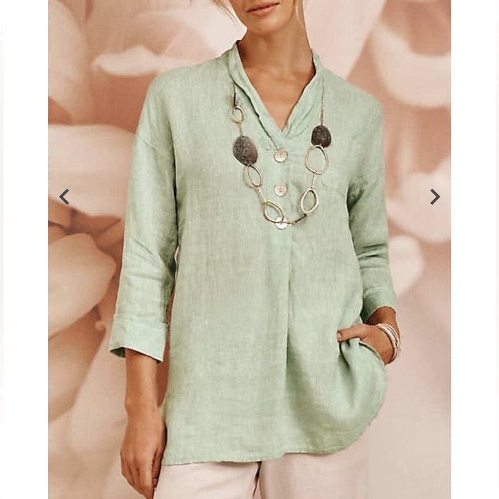 J.Jill Pure Jill 100% Linen Button Front Tunic Blouse Light‎ Green Women’s XS